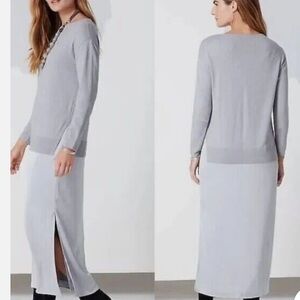 NEW J. Jill Wearever Gray Mixed Media Sweater Dress S Satin Midi Skirt Neutral